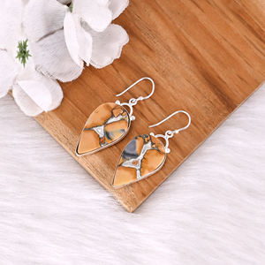 Boucles d'oreilles pendantes en laiton plaqué argent de style classique faites à la main, avec pierre précieuse jaspe Malinga, boucles d'oreilles longues en forme de poire, fabricant de bijoux - Product Image 3