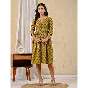 Vestido de algodón estampado a mano Green Butta, informal, de verano, ODM, con cuello cuadrado y cintura imperio, talla XS, transpirable y sexy - Product Image 3