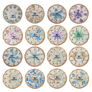 Vibrant Pink and Blue Floral Classic Round RATTAN SHELL INLAY Eco-Friendly Insulated <b>DRINK</b> <b>COASTERS</b> and CUP PADS - Product Image 2
