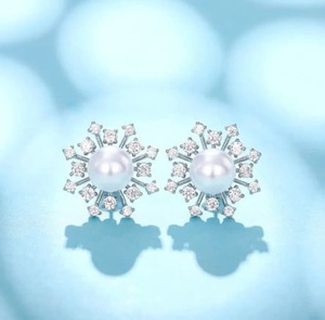 Luxury Pearl Stud Earrings for Women Round White Pearl with CZ Halo Crystal Floral Design Bridal Wedding Party Jewelry Gift - Product Image 2