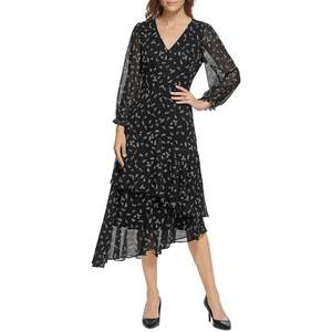 Abito Elegante Karl Lagerfeld Paris da Donna con Stampa Floreale, Asimmetrico, Nero, Taglia 12, in Chiffon Traslucido, Lunghezza a Terra, per il Giorno - Product Image 1