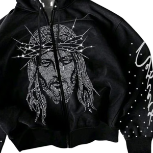 Rhinestone Jesus Hoodie Hombres Mujeres Lujo Crystal Face Hoodie Streetwear Nueva Zip Up Hoodie Moda Sparkle Diamond Sudadera - Product Image 4