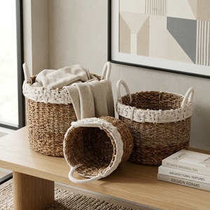 Ensemble de paniers en plastique recyclé à base de peau de banane naturelle, avec bordure en macramé blanc, poignée en arche, pot cylindrique, décoration artistique pure pour la maison - Product Image 4