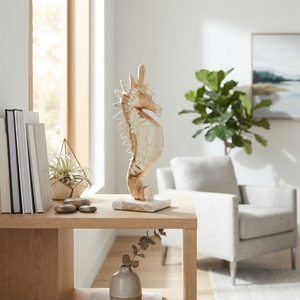 Handcrafted <b>wooden</b> seahorse sculpture <b>rustic</b> teak carved aquatic animal statue coastal ocean table floor accent decoration setup - Product Image 4
