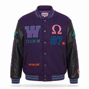 All Over Chenille Patch <b>Varsity</b> <b>Jacket</b> <b>Purple</b> Wool Black Leather Sleeves Om Symbol One Love Letterman <b>Jacket</b> OEM - Product Image 1