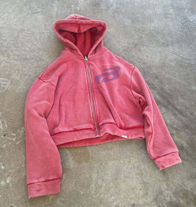 Sudadera con Capucha Personalizada, 100% Algodón, Felpa Gruesa, Estilo Holgado, Color Rosa, Lavado Nieve, Vintage, Cierre, Unisex, Estilo Y2K, Ropa Urbana - Product Image 3