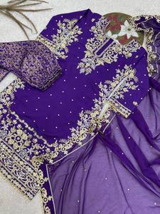 Trending Purple Embroidered Crepe Cotton Flared Plazzo Suit Women's Summer Wedding Party Wear <b>Eid</b> Traditional Indian <b>Pakistani</b> - Product Image 4