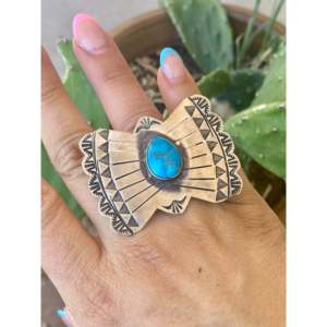 Rick Enriquez Kingman Turquoise & Sterling <b>Silver</b> <b>Statement</b> <b>Ring</b> Bezel Set with Marquise Cut Diamond Size 7.5 Everyday Wear - Product Image 2