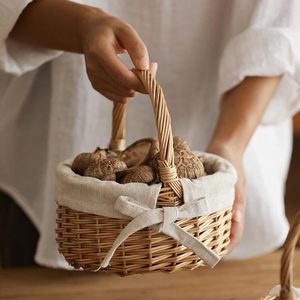 Mini Handwoven Rattan Storage Basket with Fabric Liner Small Round Bamboo Organizer Decorative <b>Desktop</b> Sundries Basket for Home - Product Image 2