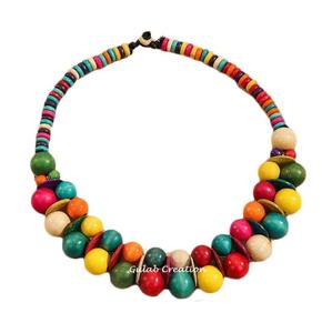 Gargantilla de cuentas de madera multicolor de 2 capas hecha a mano, collar de estilo bohemio, joyería Tribal ligera para mujeres y niñas - Product Image 1