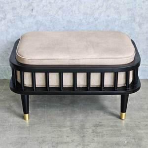 KBH GDSF013 <b>Ottoman</b> <b>Stool</b> with Removable Fabric- Covered Cushion Luxury Antique Ash Wood Frame for Entry Bedroom Hospital Use - Product Image 3
