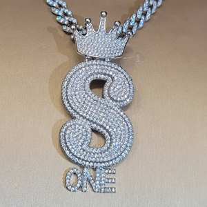 Iced Out Dollar Sign One Pendant with Crown Moissanite <b>Sterling</b> <b>Silver</b> 18K Gold Plated Hip Hop <b>Necklace</b> Luxury Bling Jewelry - Product Image 1