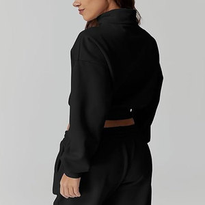 ชุดเซ็ตแทรคสูทสองชิ้นผ้าฟลีซถักแบบลำลองสไตล์วินเทจสำหรับผู้หญิง เสื้อครอปสั้นแบบมีซิป ฮู้ดดี้ สตรีทแวร์ ปี 2026 - Product Image 2