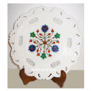 Incrustation de marbre blanc fait main de beau design indien avec plaque ronde sculptée pour la décoration de la maison et du restaurant - Product Image 1