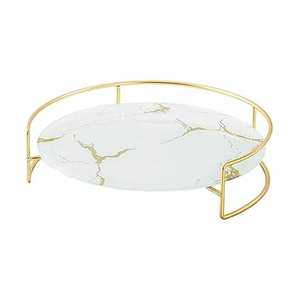 Bandeja de Servicio de Mármol y Metal para Hotel, Boda, Restaurante, Mesa, Servicio de Comida Navideña, Bandeja de Uso con Asa Dorada - Product Image 1