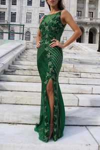 Vestido de noche sin mangas con patrón floral Vestido de fiesta largo elegante con forma de cuerpo de Aline adornado con lentejuelas y cuentas - Product Image 3