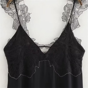 Verano nuevas mujeres de moda temperamento cuello en V sin mangas Color sólido encaje recortado delgado y Sexy Vestido con tirantes - Product Image 4