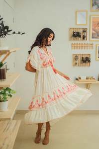 Vestido de manga corta con cuello en V, línea A, bordado, cintura alta, largo hasta la rodilla, estilo retro para mujer, venta al por mayor - Product Image 2