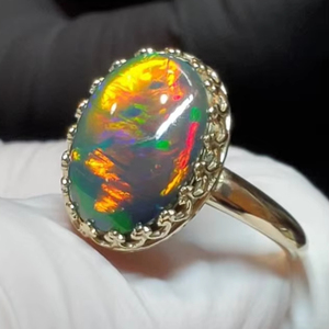 14k Solid Gold <b>Black</b> Opal <b>Ring</b> Natural Genuine Opal Jewelry 925 Sterling Silver Elegant Gold <b>Ring</b> Gift for Her - Product Image 1