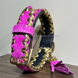 Nuevos collares de perro de piel de vaca metálicos con pelo Real occidental personalizado, collares de perro acolchados de marca de cuero genuino Golden Buck Stitch - Product Image 2