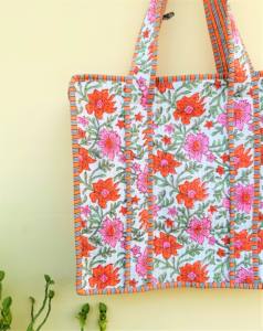 Handmade Cotton Floral Block Print Large <b>Quilted</b> Tote Bag for Women Eco-Friendly Custom Logo Winter Gift Summer Floral Style - Product Image 2