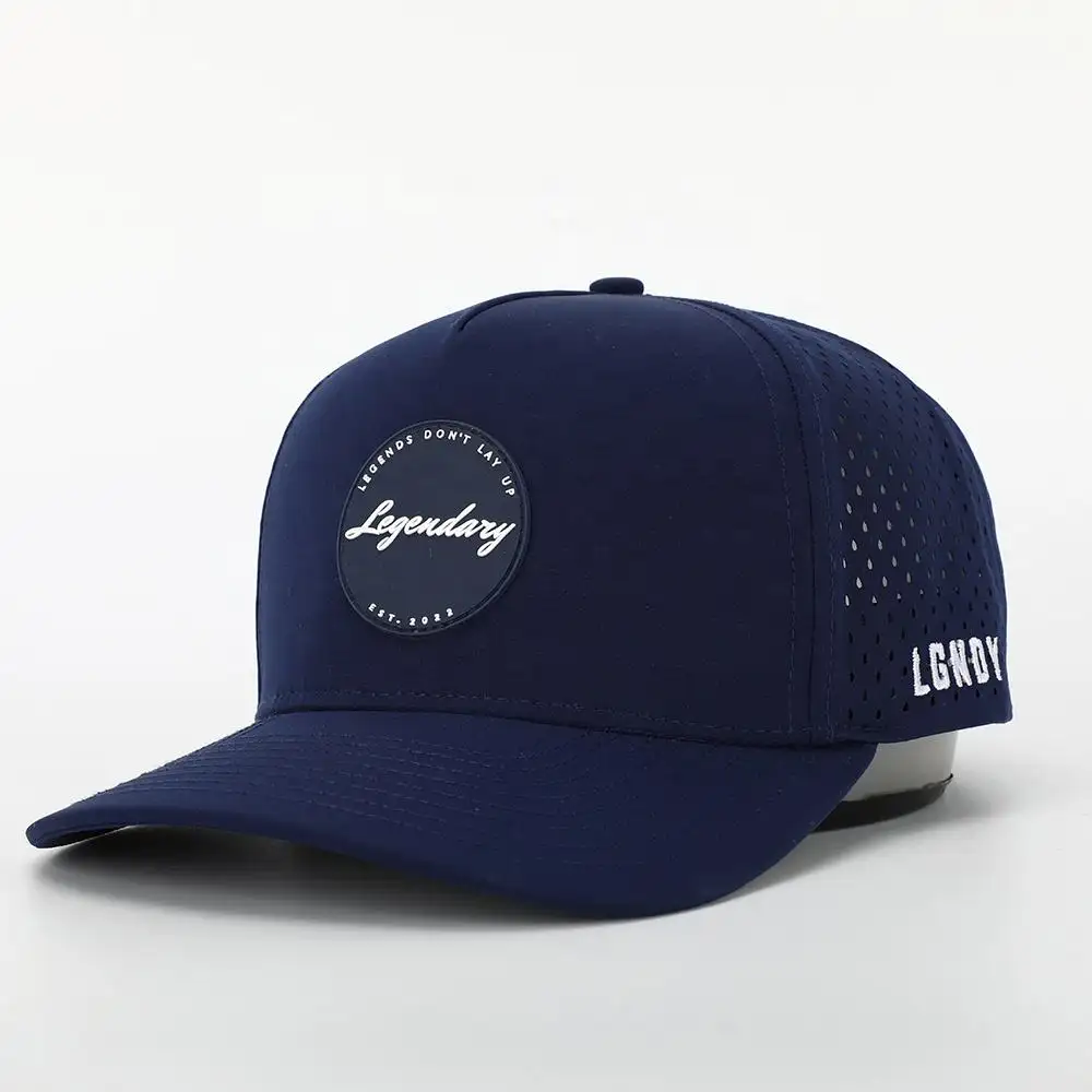Topi bisbol lubang Laser olahraga kualitas tinggi topi Ayah 5 Panel poliester Logo tambalan karet kustom pabrik Oem