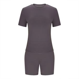 Conjunto de Yoga de 2 piezas para mujer de gran calidad Patrón sólido de cintura media transpirable con cierre elástico Posición del logotipo delantero y trasero - Product Image 4