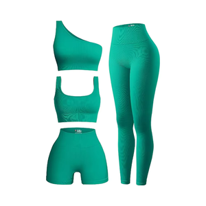 Venta al por mayor de ropa deportiva de las mujeres 4 piezas acanalado Fitness Juego de compresión sin costuras Activewear Yoga Set con Leggings y pantalones cortos - Product Image 1