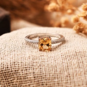 แหวนซิทรีนขนาด7x7มม. ตัดเป็นเบาะ925แหวนพลอยชั้นดีทำด้วยมือเครื่องประดับครบรอบแต่งงานงานหมั้นสำหรับผู้หญิง - Product Image 2