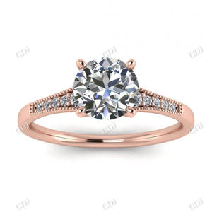 Bague de fiançailles solitaire conique en or blanc avec diamant Moissanite VVS de laboratoire, serti milgrain, certifiée GRA, style vintage pour femme - Product Image 4