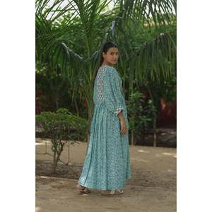Women's Cotton Midi Dress Hand <b>Block</b> <b>Printed</b> Floral Boho Chic Flowy Gown with Long Sleeves and Pockets Sustainable Leisurewear - Product Image 2