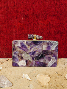 /Amethyst Gemstone Mosaic <b>Clutch</b> Bag Luxury Womens Evening Box Purse Natural <b>Purple</b> Stone Inlay Gold Frame Party Handbag - Product Image 4