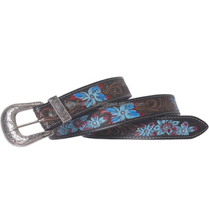 Ceintures à fleurs en cuir véritable Western usiné à la main et peint à la main Ceintures unisexes en cuir véritable usiné à la main - Product Image 5