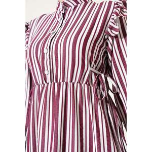 Burgundy Striped Buttoned Shoulder Ruffle <b>Dress</b> Long Sleeves <b>Sexy</b> <b>Club</b> Style Custom Knee-Length Diamond for Birthday Parties - Product Image 4