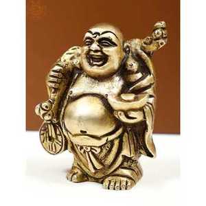 Figura de Buda Risueño de Latón Hecha a Mano de 3 Pulgadas con Monedas y Lingote para la Prosperidad, Decoración del Hogar y Regalos - Product Image 1