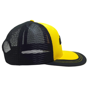 6แผงหมวกทรูเกอร์แบบสั่งทำ3D โลโก้แบบมีขอบแบนสีดำและสีเหลืองแบบตาข่ายเย็บสีตัดกันหัวเข็มขัดกระดุมแถวเดียวทำจากพลาสติก - Product Image 4
