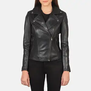Real Leather Sheepskin Aniline Zipper Flashback Black Women Biker Jacket with Quilted Viscose Lining and Inside Outside Pockets