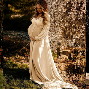 Top vente haute qualité coton à manches longues col en V robe de maternité pour femmes respirant femmes robes de maternité - Product Image 4