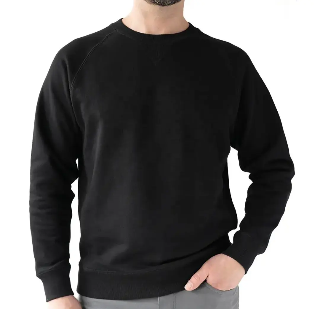 Sudadera de cuello redondo personalizada, jersey de lana de 100% algodón, sudadera de manga raglán americano de gran tamaño, color negro, venta al por mayor