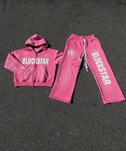 Ensemble assorti personnalisé, sweat à capuche zippé et pantalon de survêtement pour femmes, lavage à l'acide, survêtement délavé au soleil, survêtement évasé, survêtement de jogging pour hommes - Product Image 1