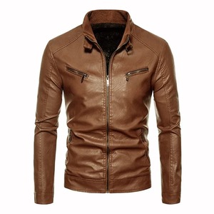Veste en cuir d'hiver pour hommes col montant couleur unie veste à fermeture éclair serrée haute qualité mode de rue manteaux décontractés vêtements pour hommes - Product Image 2