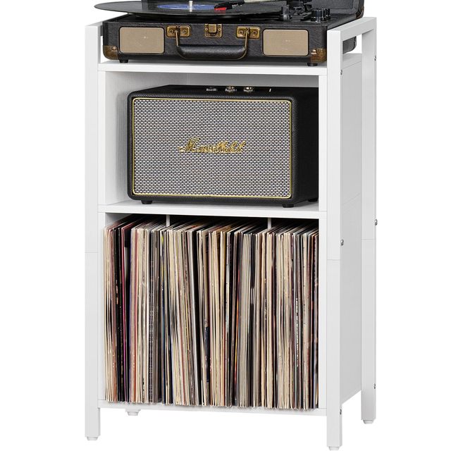 White Vintage 3-Shelf Record Player Stand 100 Album Capacity Wood Cabinet with Turntable Table Handle for Bedroom Living Room