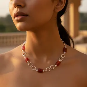 Collier en argent pour femme avec pierre de cornaline et plaqué or, bijoux fantaisie avec chaîne en boîte ornée de diamants - Product Image 2