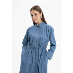 Women's Long Indigo <b>Denim</b> Trench <b>Coat</b> with Elastic Waist and Double Breasted Closure - Product Image 4