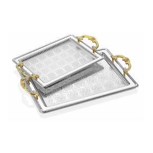 Bandeja de metal rectangular de lujo de estilo árabe personalizada, bandeja o plato de servicio de acero inoxidable con mango de metal dorado - Product Image 5