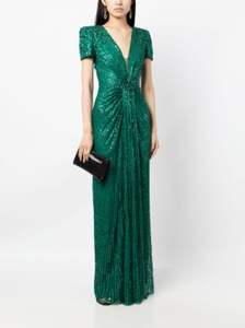 Vestido de fiesta de noche de satén con cuello en V para primavera y otoño para mujer, vestido bordado de media manga, perlas con cuentas de longitud completa, estilo superventas - Product Image 5