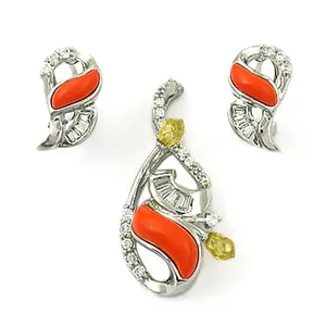 Juego de Pendientes Clásicos de Plata con Gemas de Coral para Mujer, Chapados en Oro, con Cristal, Perla, Diamante, Topacio y Amatista para Bodas y Fiestas - Product Image 1