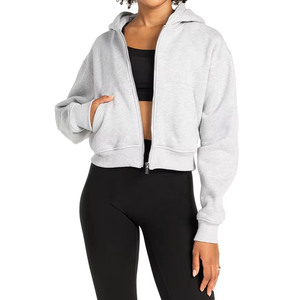Sweat à capuche de couleur unie en polaire éponge française de haute qualité avec logo personnalisé 100% sweat-shirt en coton surdimensionné à fermeture éclair pour femmes sweat à capuche court - Product Image 5