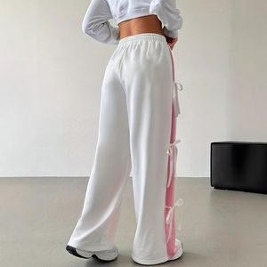 Hot Selling Spring Autumn Loose Plain Dyed <b>Women's</b> Casual <b>White</b> Sports Pants <b>Elastic</b> <b>Waist</b> Bow Detail Contrast Stripes - Product Image 2