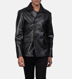 <b>Mens</b> Black Leather <b>Pea</b> Coat Genuine Lambskin Double Breasted Stand Winter <b>Jacket</b> Classic Warm Eco-Friendly Outerwear for <b>Men</b> - Product Image 6